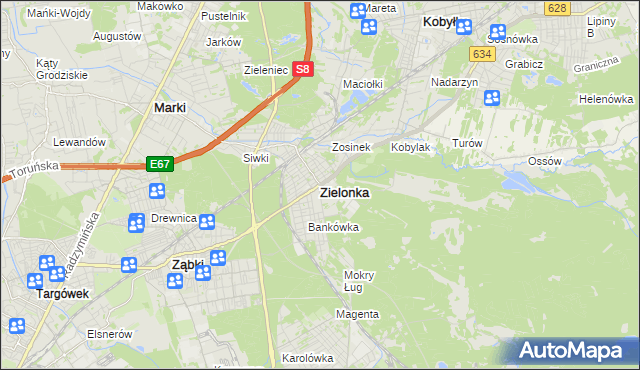 mapa Zielonka powiat wołomiński, Zielonka powiat wołomiński na mapie Targeo