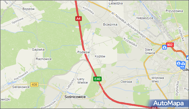 mapa Kozłów gmina Sośnicowice, Kozłów gmina Sośnicowice na mapie Targeo