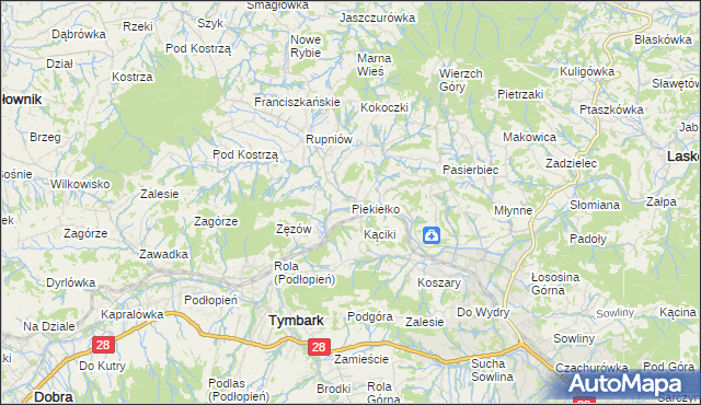 mapa Piekiełko gmina Tymbark, Piekiełko gmina Tymbark na mapie Targeo