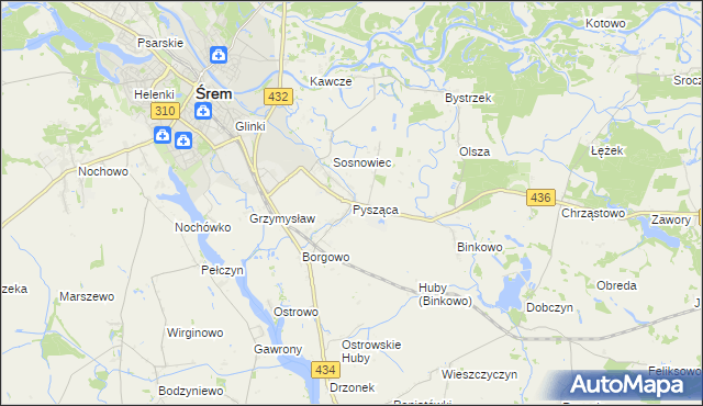 mapa Pysząca gmina Śrem, Pysząca gmina Śrem na mapie Targeo