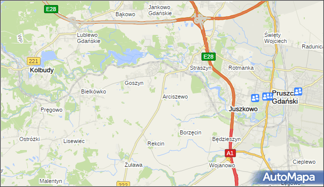 mapa Arciszewo gmina Pruszcz Gdański, Arciszewo gmina Pruszcz Gdański na mapie Targeo
