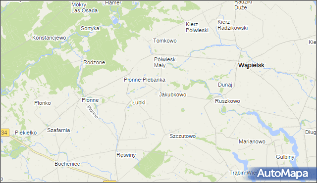 mapa Jakubkowo gmina Radomin, Jakubkowo gmina Radomin na mapie Targeo