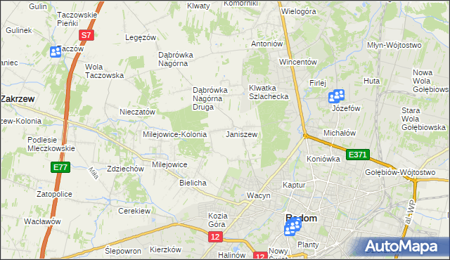 mapa Janiszew gmina Zakrzew, Janiszew gmina Zakrzew na mapie Targeo