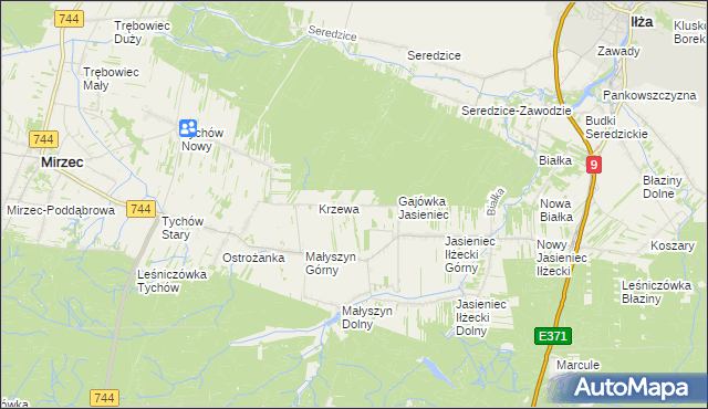 mapa Krzewa gmina Mirzec, Krzewa gmina Mirzec na mapie Targeo