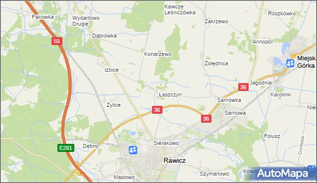 mapa Łaszczyn gmina Rawicz, Łaszczyn gmina Rawicz na mapie Targeo
