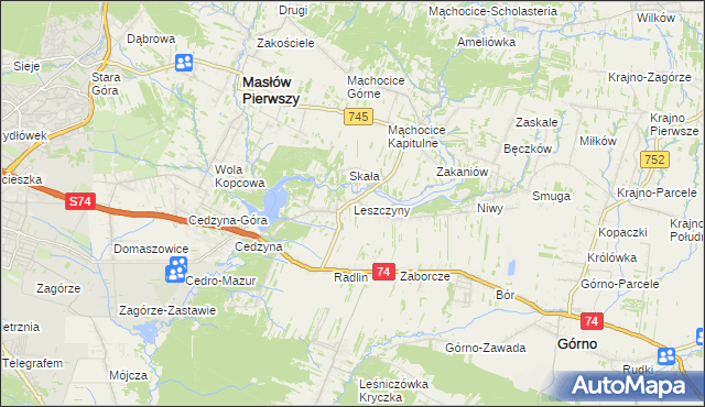 mapa Leszczyny gmina Górno, Leszczyny gmina Górno na mapie Targeo