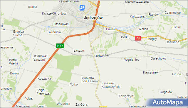 mapa Ludwinów gmina Jędrzejów, Ludwinów gmina Jędrzejów na mapie Targeo