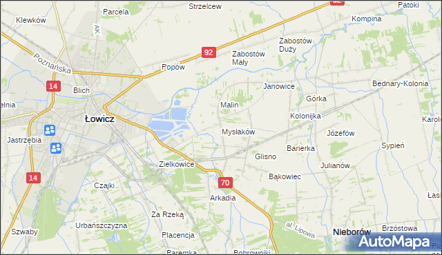 mapa Mysłaków gmina Nieborów, Mysłaków gmina Nieborów na mapie Targeo