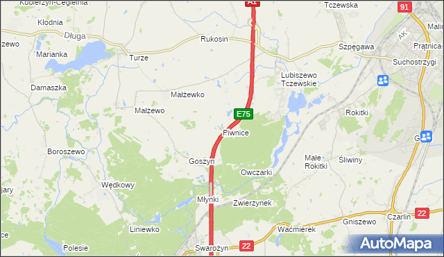 mapa Piwnice gmina Tczew, Piwnice gmina Tczew na mapie Targeo