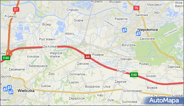 mapa Podłęże gmina Niepołomice, Podłęże gmina Niepołomice na mapie Targeo