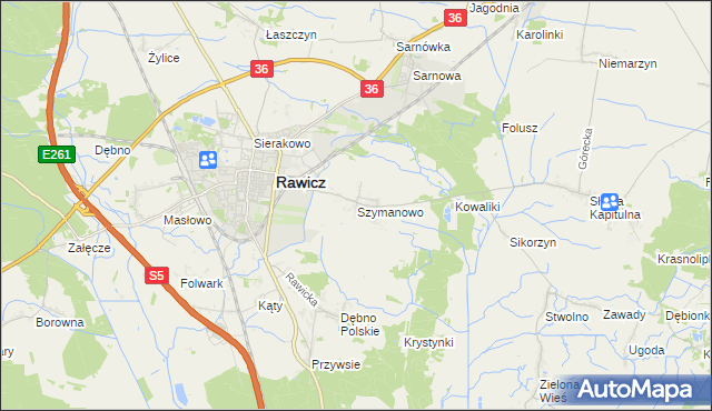 mapa Szymanowo gmina Rawicz, Szymanowo gmina Rawicz na mapie Targeo