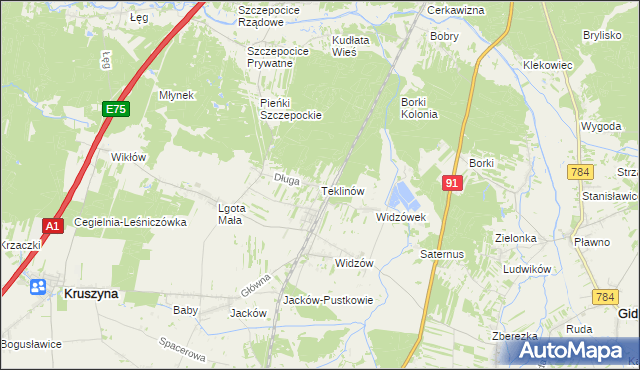 mapa Teklinów gmina Kruszyna, Teklinów gmina Kruszyna na mapie Targeo