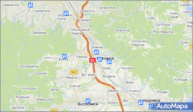 mapa Wilkowice powiat bielski, Wilkowice powiat bielski na mapie Targeo