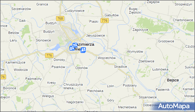 mapa Wojciechów gmina Kazimierza Wielka, Wojciechów gmina Kazimierza Wielka na mapie Targeo