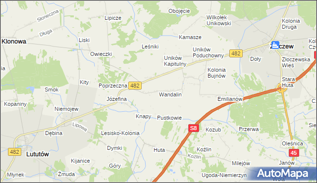 mapa Wandalin gmina Złoczew, Wandalin gmina Złoczew na mapie Targeo