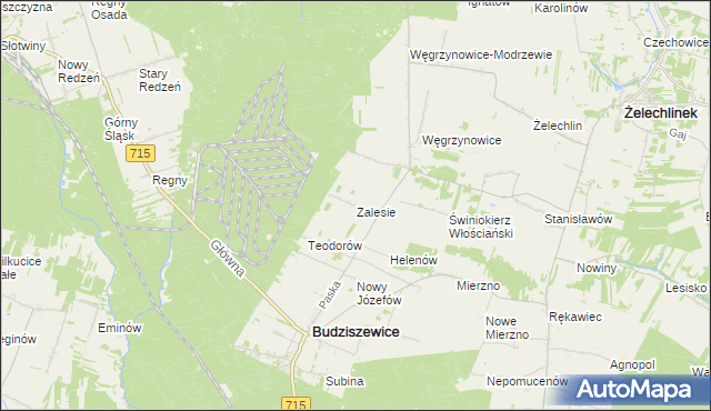 mapa Zalesie gmina Budziszewice, Zalesie gmina Budziszewice na mapie Targeo