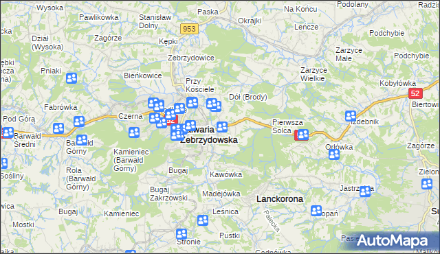 mapa Brody gmina Kalwaria Zebrzydowska, Brody gmina Kalwaria Zebrzydowska na mapie Targeo
