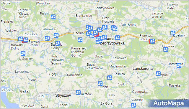 mapa Bugaj gmina Kalwaria Zebrzydowska, Bugaj gmina Kalwaria Zebrzydowska na mapie Targeo