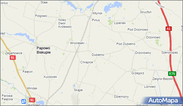mapa Dubielno gmina Papowo Biskupie, Dubielno gmina Papowo Biskupie na mapie Targeo
