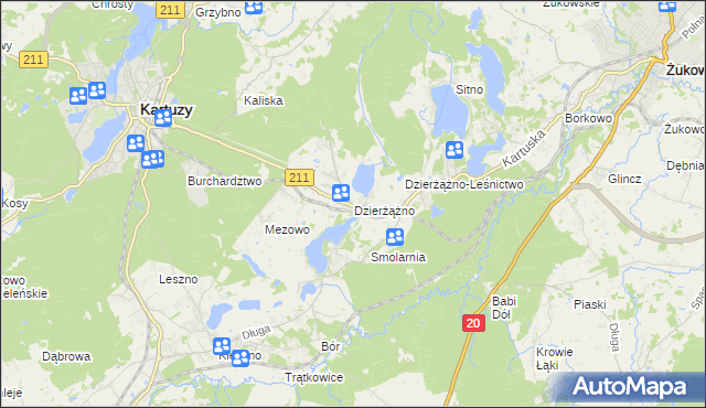 mapa Dzierżążno gmina Kartuzy, Dzierżążno gmina Kartuzy na mapie Targeo