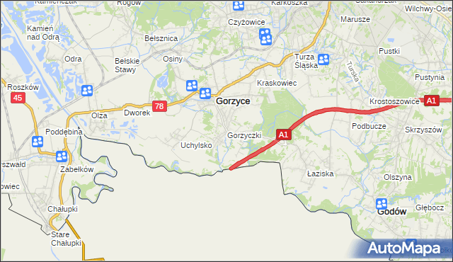 mapa Gorzyczki gmina Gorzyce, Gorzyczki gmina Gorzyce na mapie Targeo