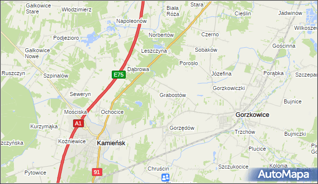 mapa Grabostów gmina Gorzkowice, Grabostów gmina Gorzkowice na mapie Targeo