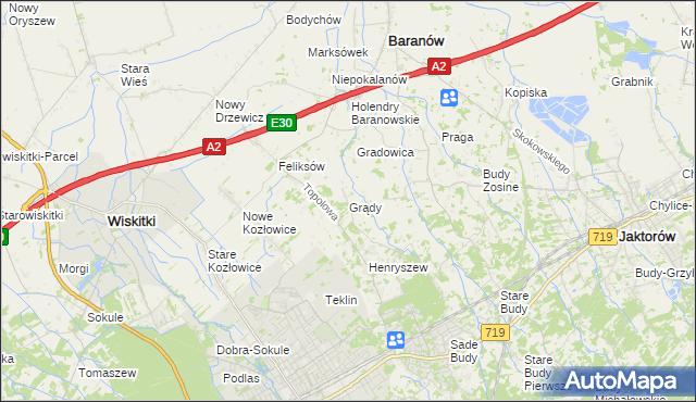 mapa Grądy gmina Jaktorów, Grądy gmina Jaktorów na mapie Targeo