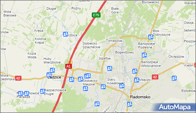 mapa Józefów gmina Ładzice, Józefów gmina Ładzice na mapie Targeo