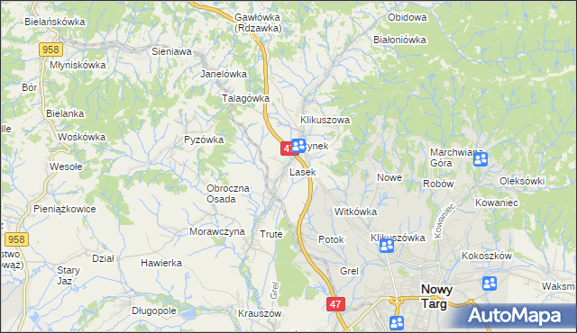 mapa Lasek gmina Nowy Targ, Lasek gmina Nowy Targ na mapie Targeo