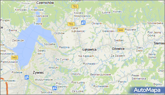 mapa Łękawica powiat żywiecki, Łękawica powiat żywiecki na mapie Targeo