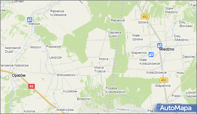 mapa Mokra gmina Miedźno, Mokra gmina Miedźno na mapie Targeo