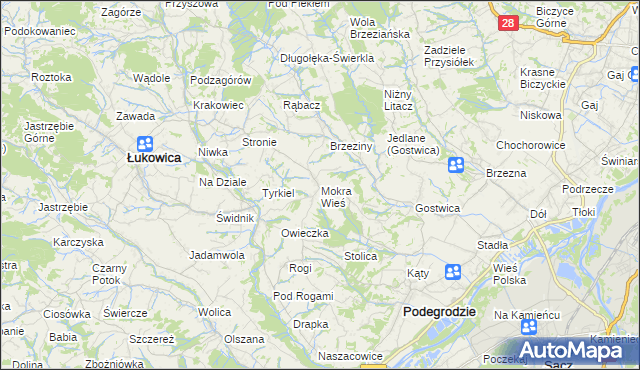 mapa Mokra Wieś gmina Podegrodzie, Mokra Wieś gmina Podegrodzie na mapie Targeo