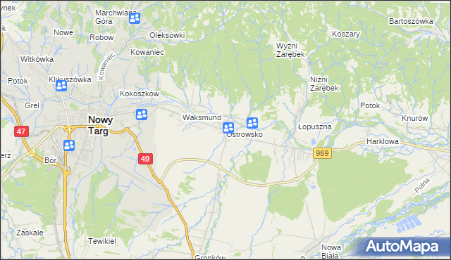 mapa Ostrowsko gmina Nowy Targ, Ostrowsko gmina Nowy Targ na mapie Targeo