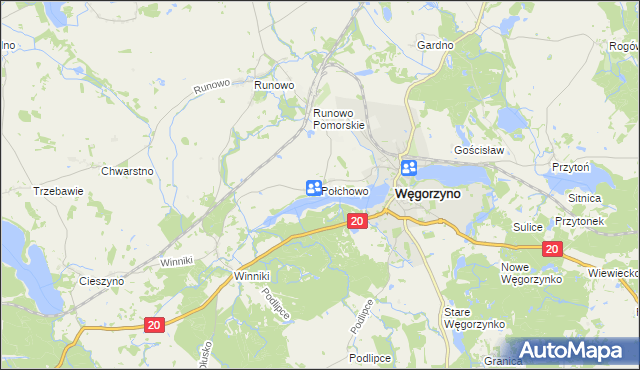 mapa Połchowo gmina Węgorzyno, Połchowo gmina Węgorzyno na mapie Targeo