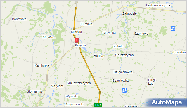 mapa Rudka gmina Korycin, Rudka gmina Korycin na mapie Targeo