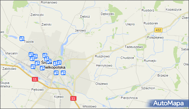mapa Ruszkowo gmina Środa Wielkopolska, Ruszkowo gmina Środa Wielkopolska na mapie Targeo