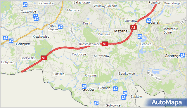 mapa Skrzyszów gmina Godów, Skrzyszów gmina Godów na mapie Targeo