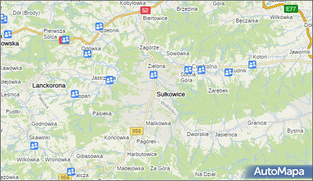 mapa Sułkowice powiat myślenicki, Sułkowice powiat myślenicki na mapie Targeo