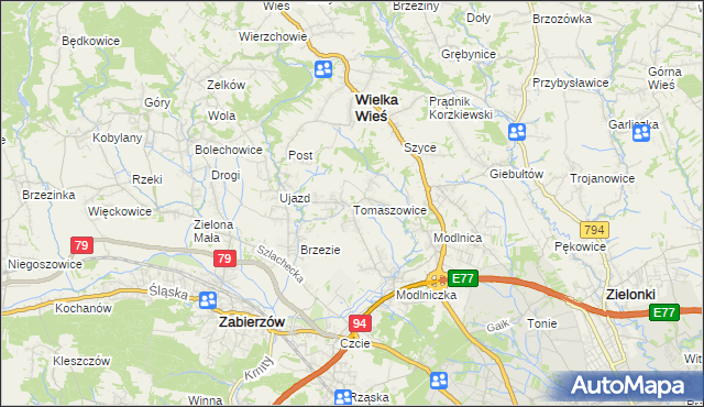 mapa Tomaszowice gmina Wielka Wieś, Tomaszowice gmina Wielka Wieś na mapie Targeo