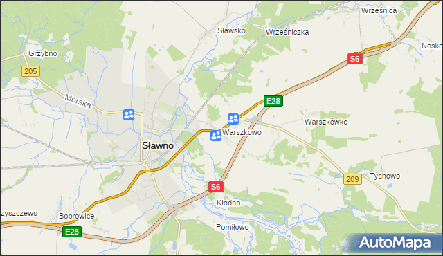 mapa Warszkowo gmina Sławno, Warszkowo gmina Sławno na mapie Targeo
