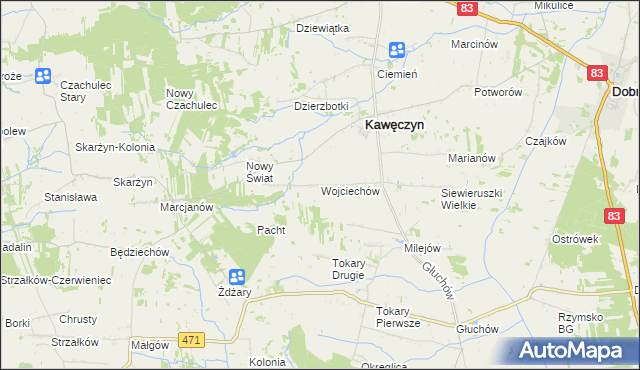 mapa Wojciechów gmina Kawęczyn, Wojciechów gmina Kawęczyn na mapie Targeo