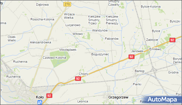 mapa Boguszyniec gmina Grzegorzew, Boguszyniec gmina Grzegorzew na mapie Targeo