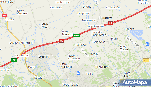 mapa Feliksów gmina Wiskitki, Feliksów gmina Wiskitki na mapie Targeo