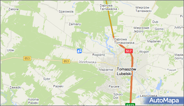 mapa Rogóźno gmina Tomaszów Lubelski, Rogóźno gmina Tomaszów Lubelski na mapie Targeo