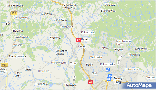 mapa Lasek gmina Nowy Targ, Lasek gmina Nowy Targ na mapie Targeo