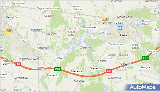 mapa Zielęcice gmina Łask, Zielęcice gmina Łask na mapie Targeo