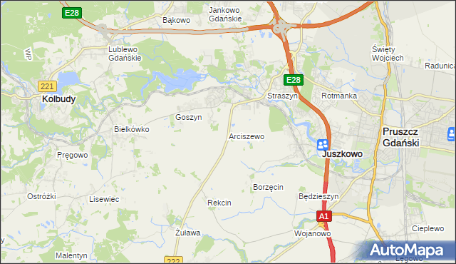 mapa Arciszewo gmina Pruszcz Gdański, Arciszewo gmina Pruszcz Gdański na mapie Targeo