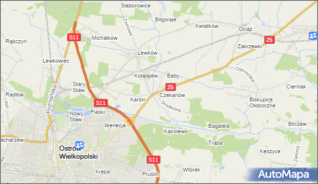 mapa Czekanów gmina Ostrów Wielkopolski, Czekanów gmina Ostrów Wielkopolski na mapie Targeo