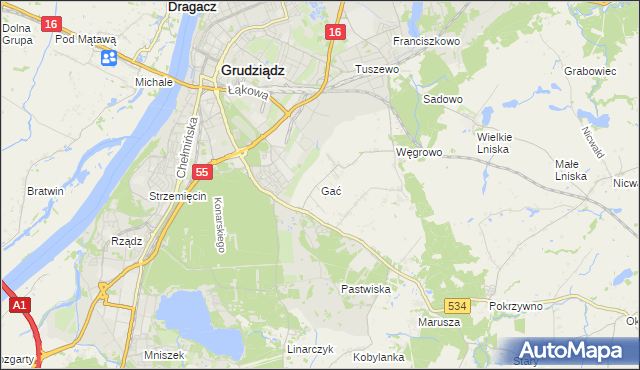 mapa Gać gmina Grudziądz, Gać gmina Grudziądz na mapie Targeo