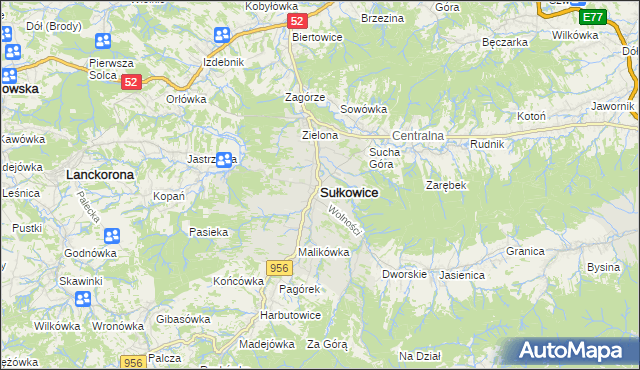 mapa Sułkowice powiat myślenicki, Sułkowice powiat myślenicki na mapie Targeo